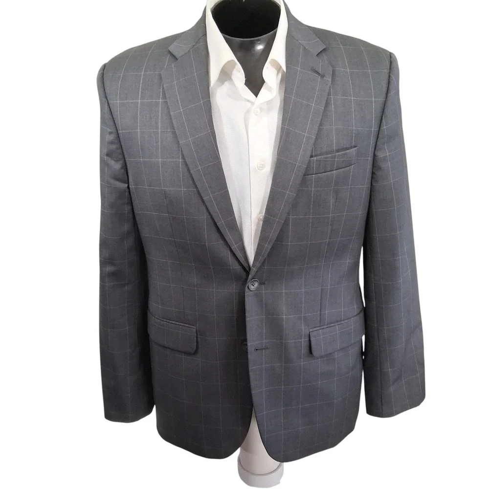 Joe Joseph Abboud Sport Coat Mens 40R Gray Windowpane Wool Blazer Double Vent
